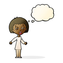 cartoon tired woman with thought bubble