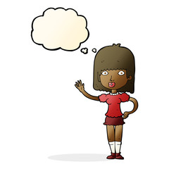cartoon woman waving with thought bubble