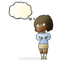 cartoon woman making Who Me? gesture with thought bubble