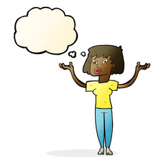 cartoon woman holding up hands with thought bubble