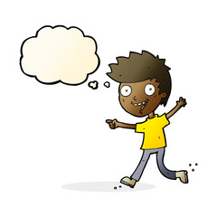 cartoon crazy excited boy with thought bubble