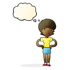 cartoon woman with hands on hips with thought bubble