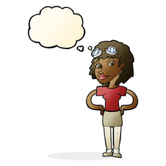 cartoon retro pilot woman with thought bubble