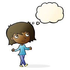 cartoon girl with no worries with thought bubble