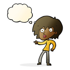 cartoon surprised woman pointing with thought bubble