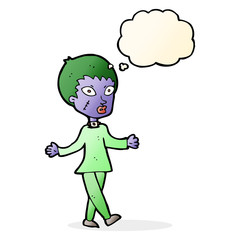 cartoon halloween zombie woman with thought bubble