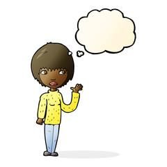 cartoon woman waving with thought bubble