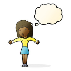 cartoon woman shrugging shoulders with thought bubble