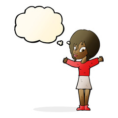 cartoon woman with open arms with thought bubble