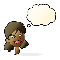 cartoon happy female face with thought bubble