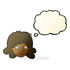cartoon happy female face with thought bubble