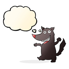 cartoon happy wolf with thought bubble