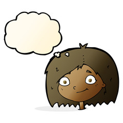 cartoon happy female face with thought bubble