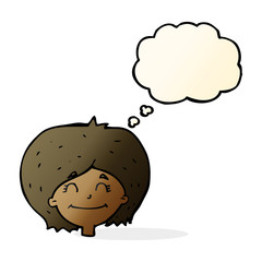 cartoon happy female face with thought bubble