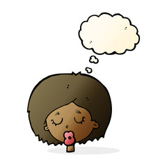 cartoon woman with eyes closed with thought bubble