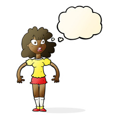 cartoon pretty girl with shocked expression with thought bubble