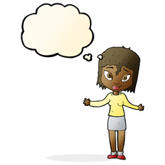 cartoon woman shrugging shoulders with thought bubble
