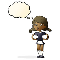 cartoon happy waitress woman with thought bubble