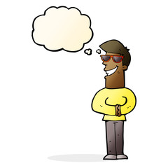 cartoon grinning man wearing sunglasses with thought bubble