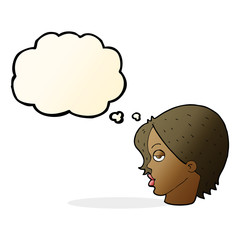cartoon woman raising eyebrow with thought bubble