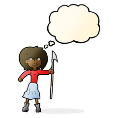 cartoon woman with harpoon with thought bubble