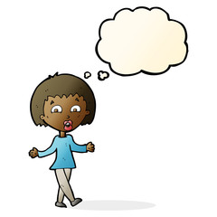 cartoon woman shrugging shoulders with thought bubble