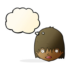 cartoon staring woman with thought bubble