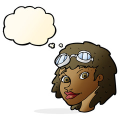 cartoon happy woman wearing aviator goggles with thought bubble