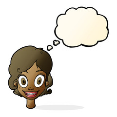 cartoon happy woman with thought bubble