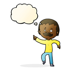 cartoon man with mustache pointing with thought bubble