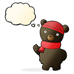cartoon black bear in winter hat and scarf with thought bubble