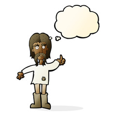 cartoon hippie man giving thumbs up symbol with thought bubble