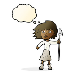cartoon woman with spear with thought bubble