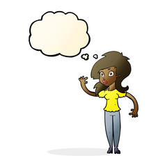 cartoon pretty woman waving with thought bubble
