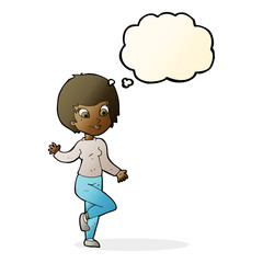 cartoon woman waving with thought bubble