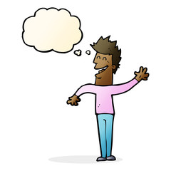 cartoon happy man waving with thought bubble