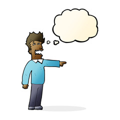 cartoon man accusing with thought bubble