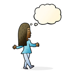 cartoon woman shrugging shoulders with thought bubble