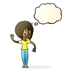 cartoon woman waving with thought bubble