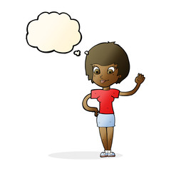 cartoon woman waving with thought bubble