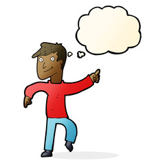 cartoon happy man pointing with thought bubble