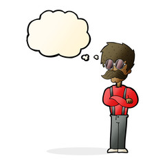 cartoon hipster man with mustache and spectacles with thought bu