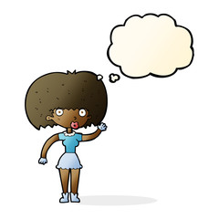 cartoon woman waving with thought bubble
