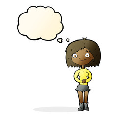 cartoon happy woman with thought bubble