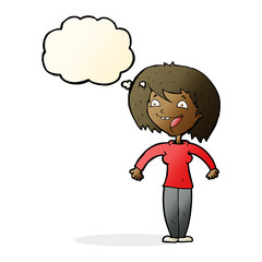 cartoon excited woman with thought bubble
