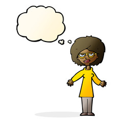 cartoon woman wearing glasses with thought bubble