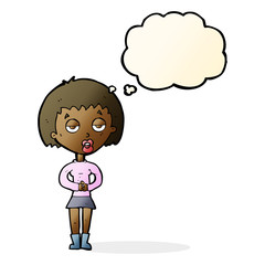 cartoon bored woman waiting with thought bubble