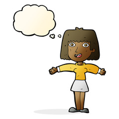 cartoon excited woman with thought bubble