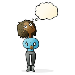 cartoon woman looking upwards with thought bubble