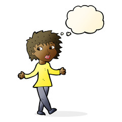 cartoon woman with no worries with thought bubble